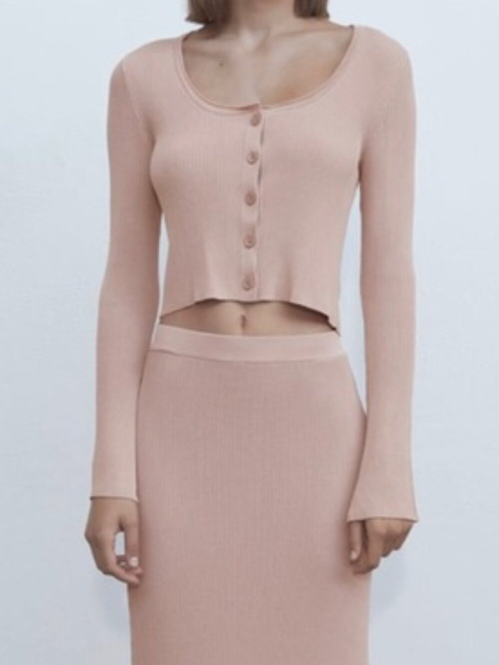 Zara Knit Set Long Bell Sleeve Blouse + Skirt Small Tan Ribbed Stretchy Minimal